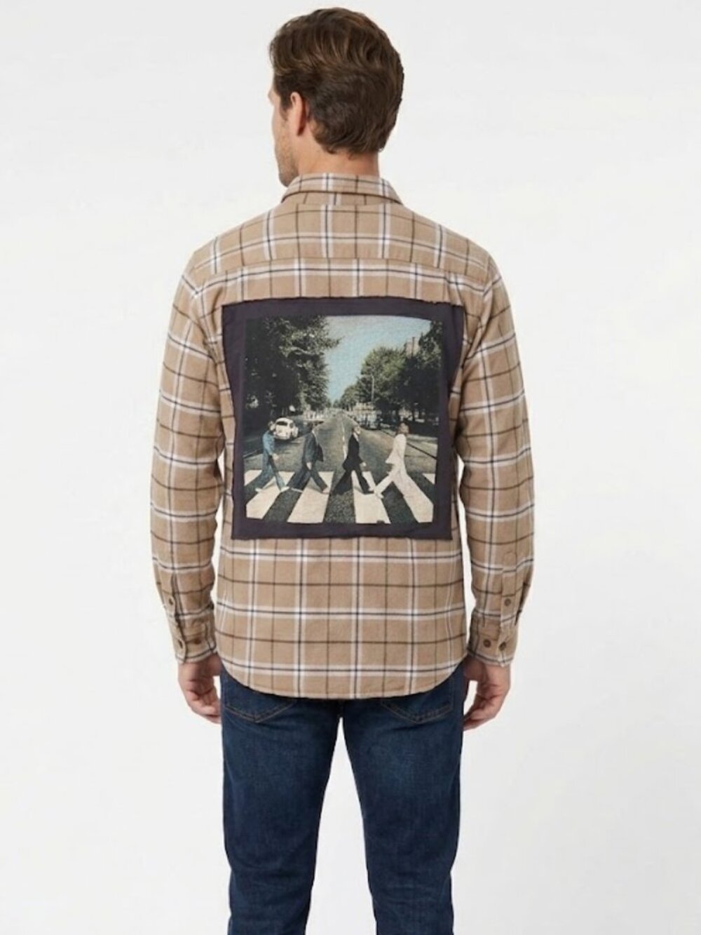 Beatles Abbey Road Upcycled Plaid Flannel Shirt 100% Cotton Size M